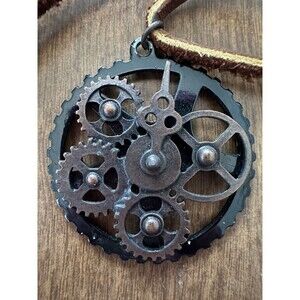 Metal Steampunk Gears Pendant Necklace Worn Leather Adjustable Closure 20 inch